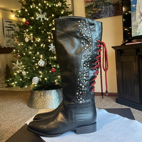 Safari Exotic Leather black studded heeled riding boots women size 9.5 - Picture 7 of 16